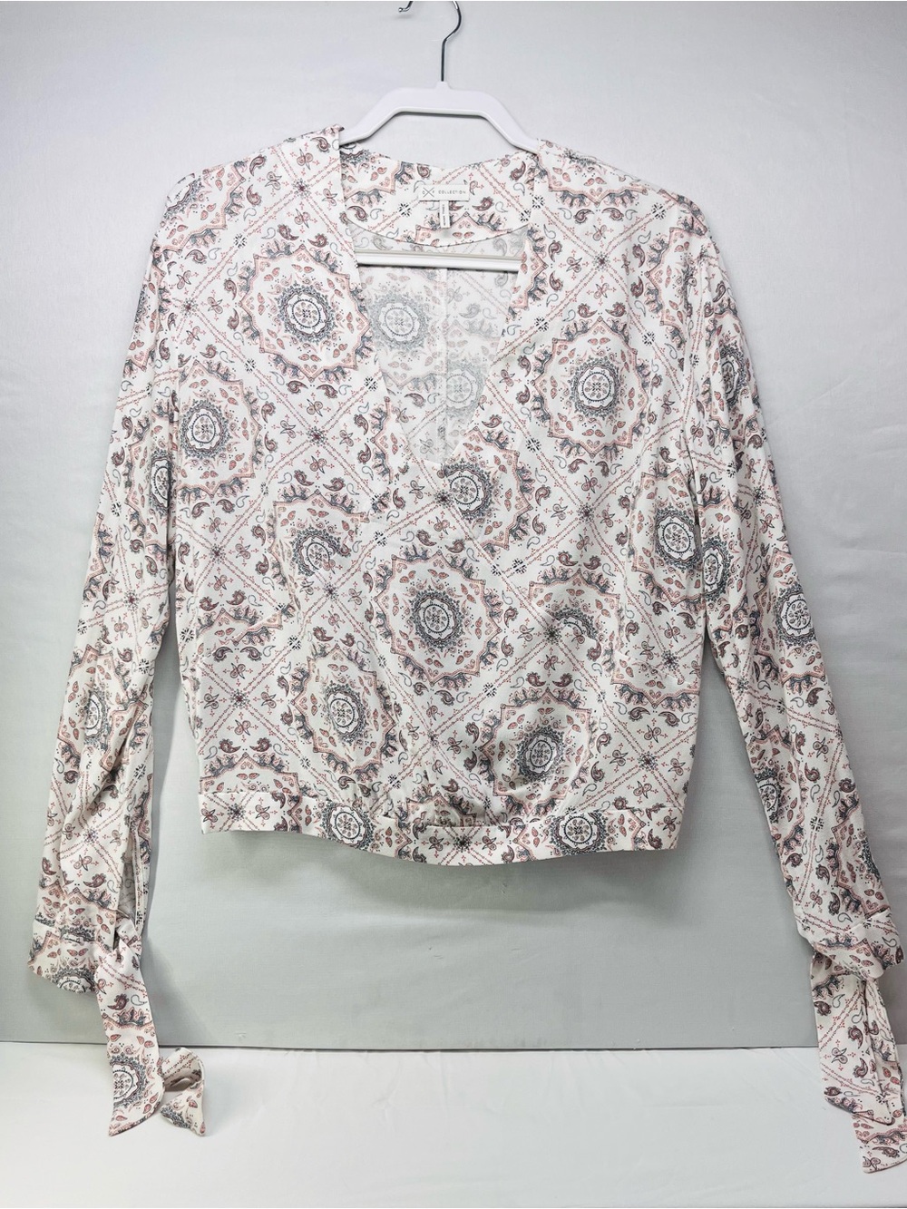 GG Collection Cream Printed Wrap Blouse with Rose Accents